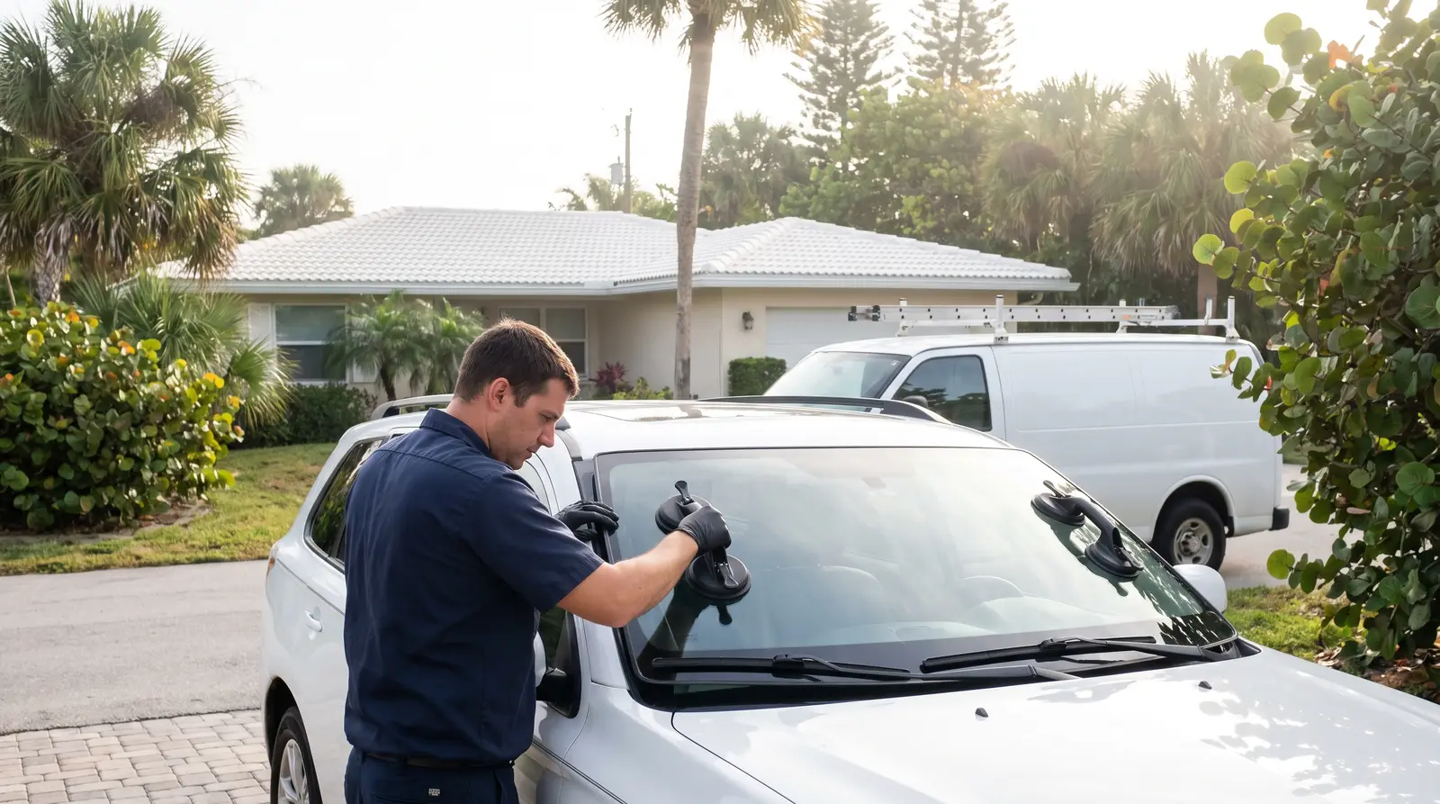 Technician setting a new windshield on an SUV in a Satellite Beach driveway