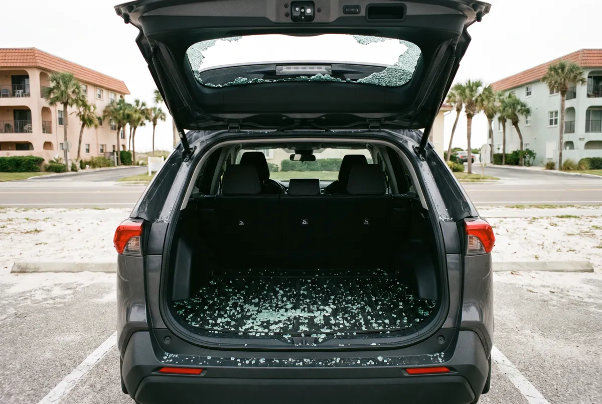 Shattered SUV back glass in a Satellite Beach condo parking lot